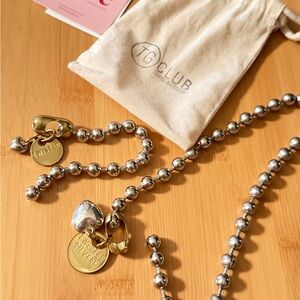 Twisted Silver and Gold Beaded Heart Pendant Necklace & Bracelet Set